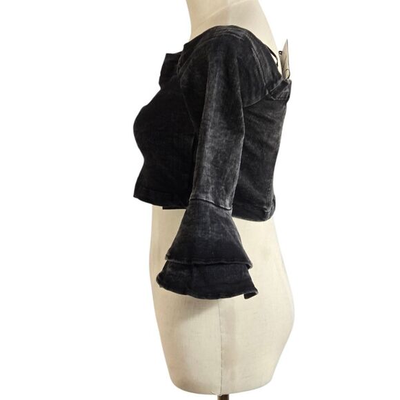 Zara Premium Washed Denim Black Ruffled Women's Crop Top NWT - Picture 7 of 11